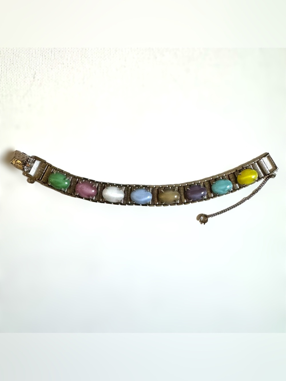 Vtg Sarah Coventry Party Pastels Moonglow Cabochon Silver Bracelet Easter Egg